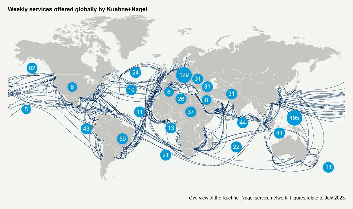A map showing the global coverage of Kuehne+Nagel's FCL network.