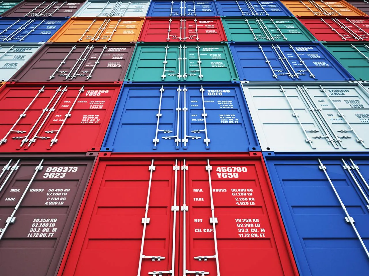 Multicolored container doors stacked at the container yard