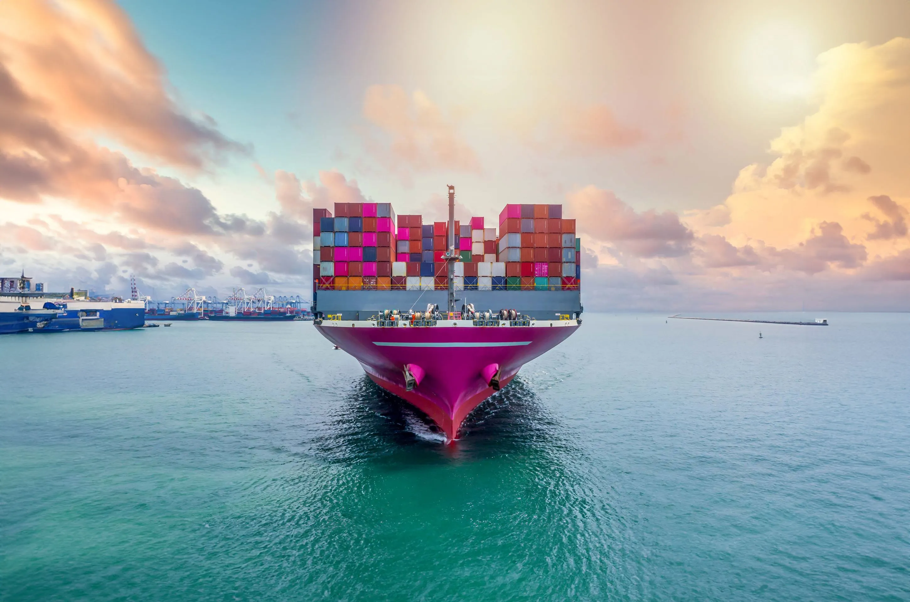 Front view of a container ship at port