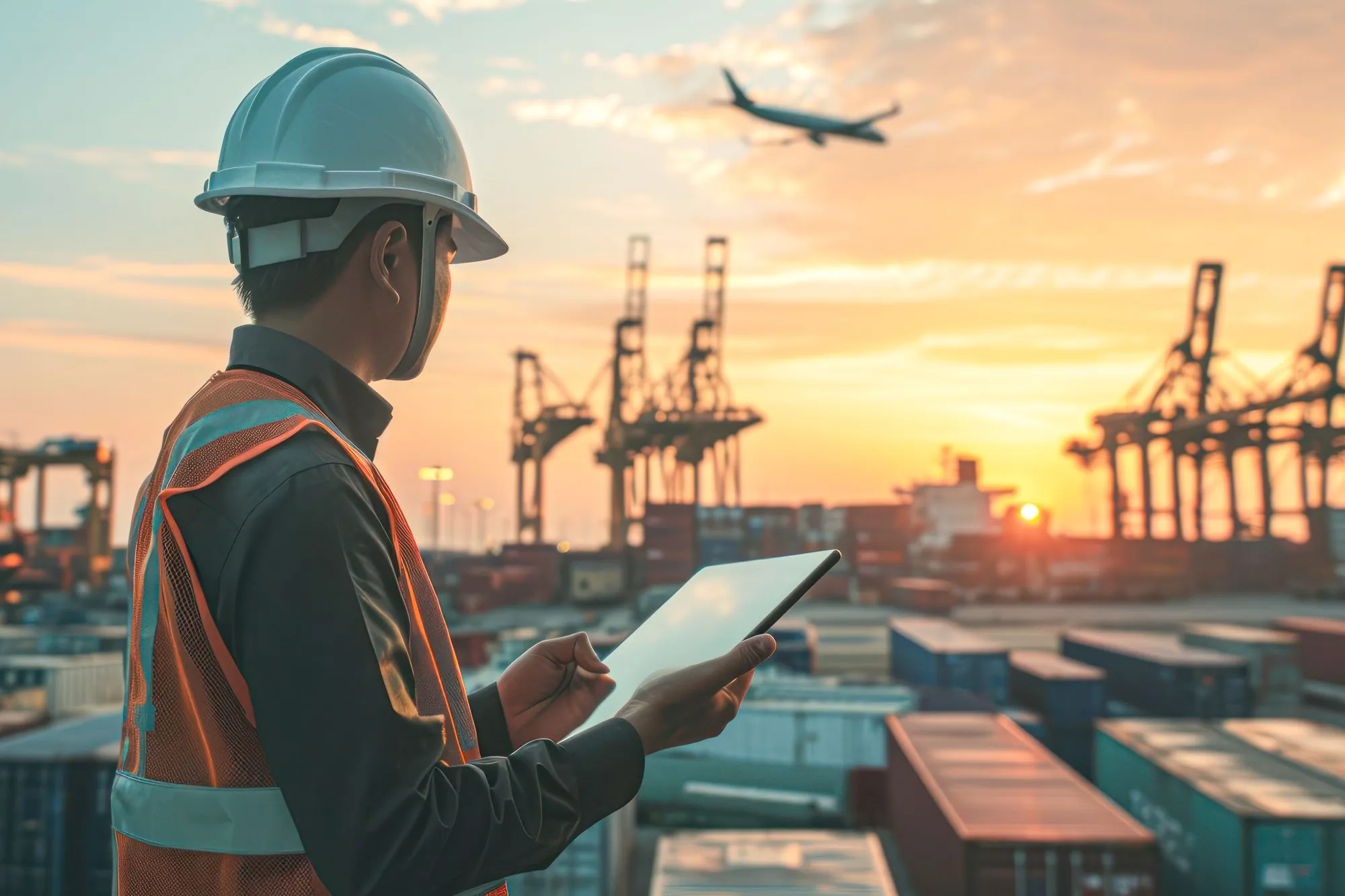 A logistics employee oversees a busy container yard while an airplane flies overhead